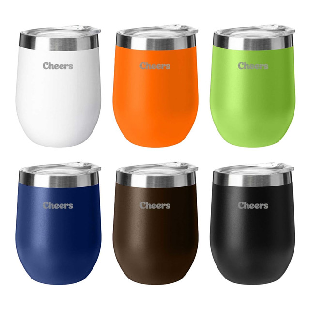 A drink bottle featuring six travel mugs in white, orange, green, navy, brown, and black, each with a metal lid and a logo.