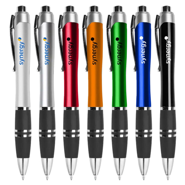 A set of plastic pens in silver, red, orange, green, blue, and black, featuring a logo on each.