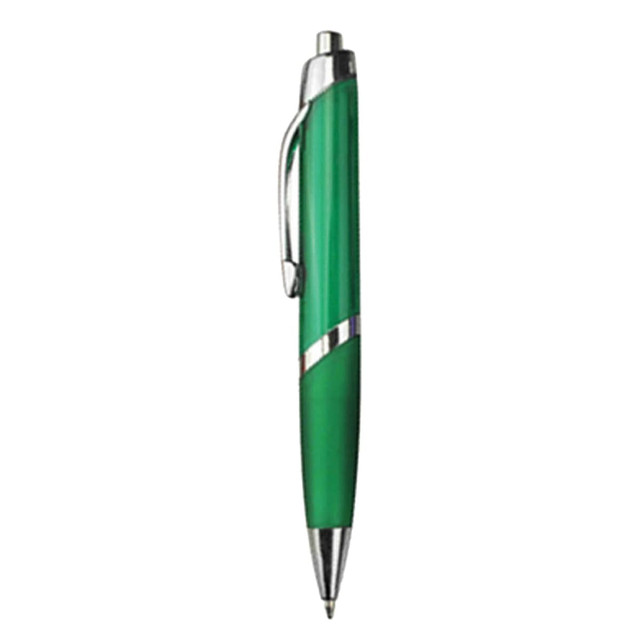A green plastic pen with a chrome clip and silver accents, featuring a logo on its body.