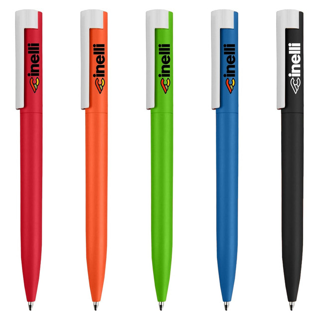 A set of five pens in red, orange, green, blue, and black, featuring a logo on the clip.