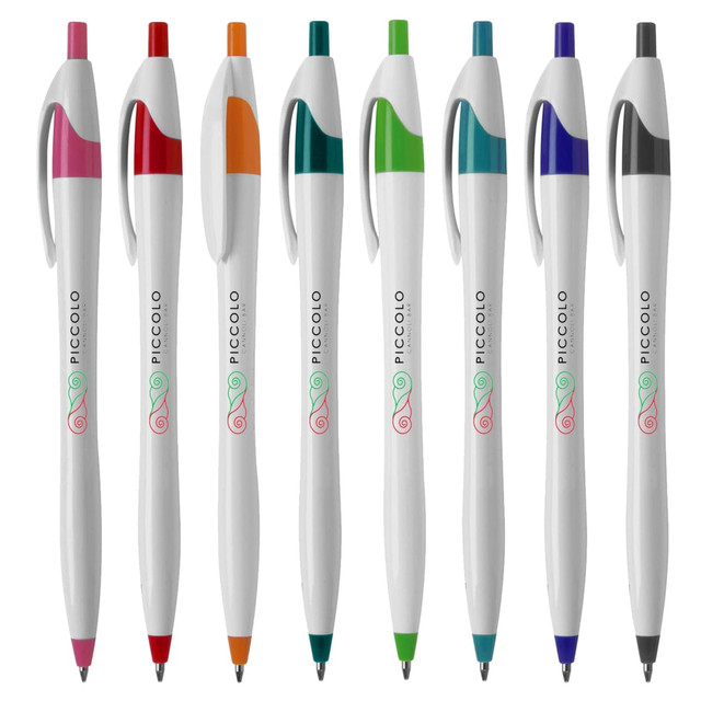 A collection of plastic pens in various bright colours, featuring a white barrel and a logo on each pen.