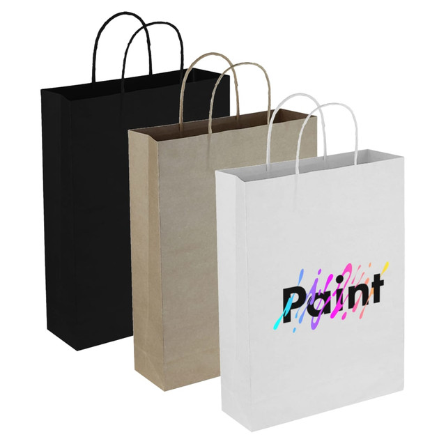A set of three paper bags in black, brown, and white, featuring handles and one with a printed design.