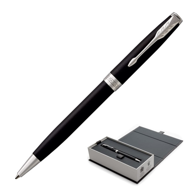A metal ballpoint pen in matte black with a silver clip, displayed in a sleek box.