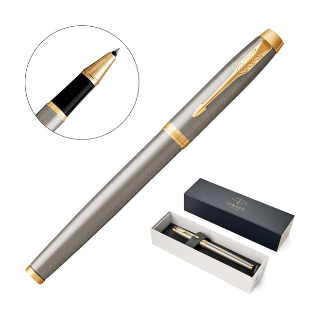 A metal rollerball pen in brushed stainless steel with gold accents, presented in a sleek black box.