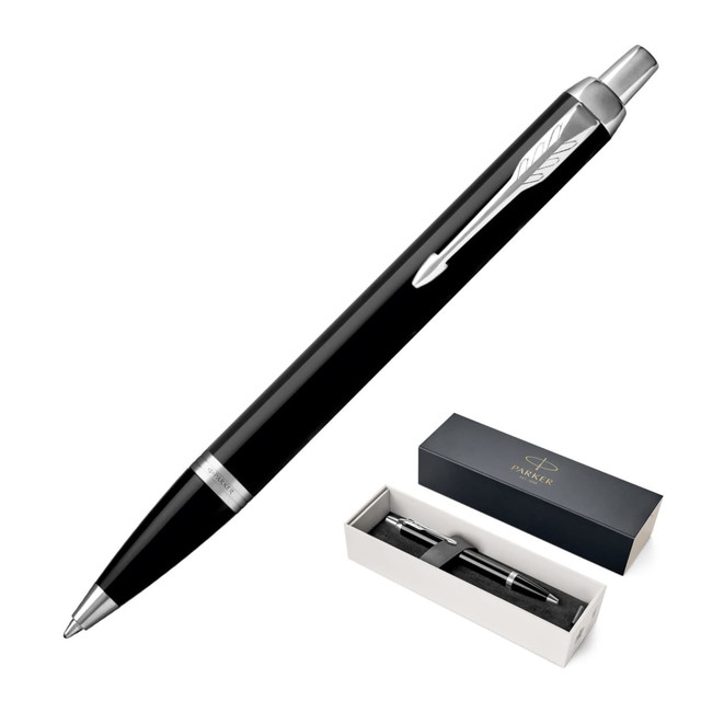 A black ballpoint pen with a sleek design, accompanied by a gift box, featuring a logo on the box.