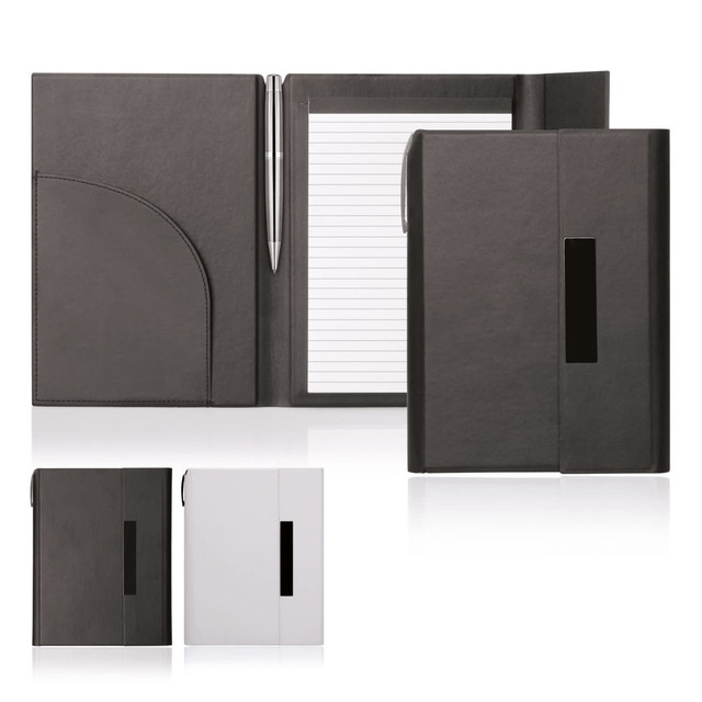 A black A5 folder with a magnetic closure, interior notepad, and a pen. Available with a white option as well.