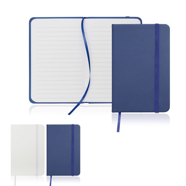 A navy A6 notebook journal with a leather-look cover, elastic closure, and ribbon bookmark, alongside a white version.