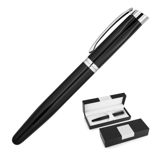 A black metal rollerball pen with a silver clip, displayed alongside a matching gift box. Features a logo.