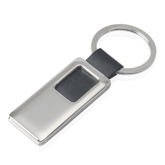 A chrome keyring with a black leather-look band and a rectangular design. It features a branding area.