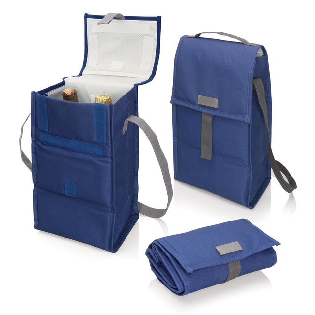 A wine cooler in navy blue with grey straps, featuring compartments for two bottles and a foldable design.