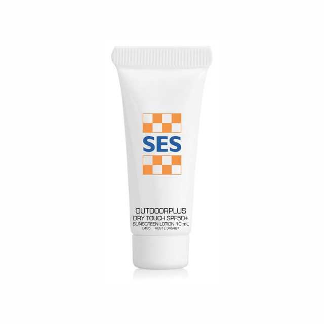 A white tube of sunscreen lotion, SPF 50+, 10ml, featuring a small logo. A white tube of sunscreen lotion, SPF 50+, 10ml, featuring a small logo.