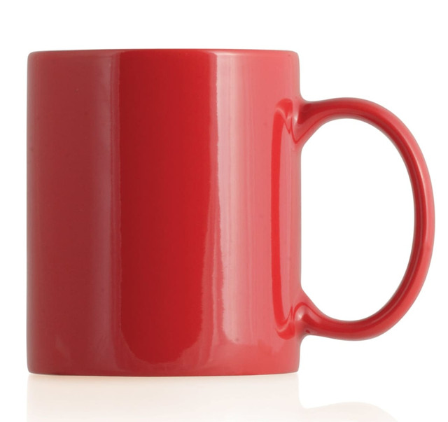 A red ceramic mug with a smooth finish and a curved handle, featuring a logo on the side. A red ceramic mug with a smooth finish and a curved handle, featuring a logo on the side.