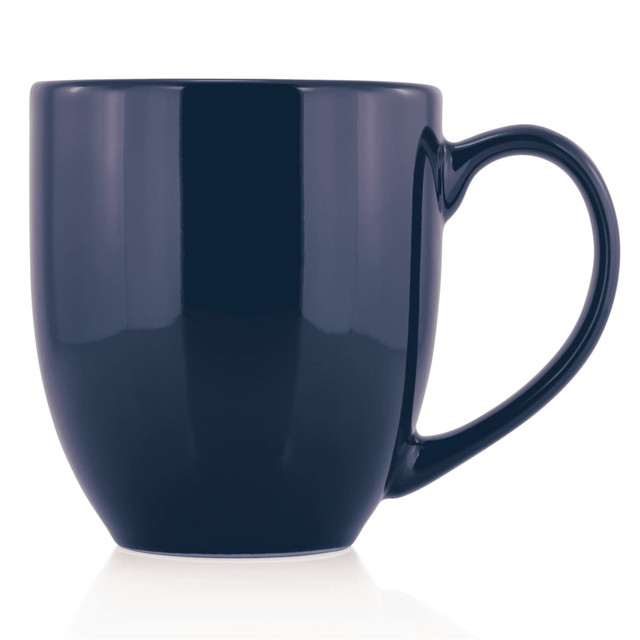 A ceramic mug in a deep navy blue colour with a rounded shape and a sturdy handle.
