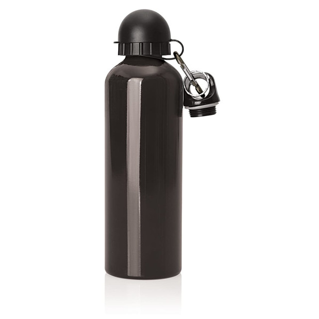 A drink bottle in glossy black aluminium, featuring a screw-on cap with a clip and a branded logo.