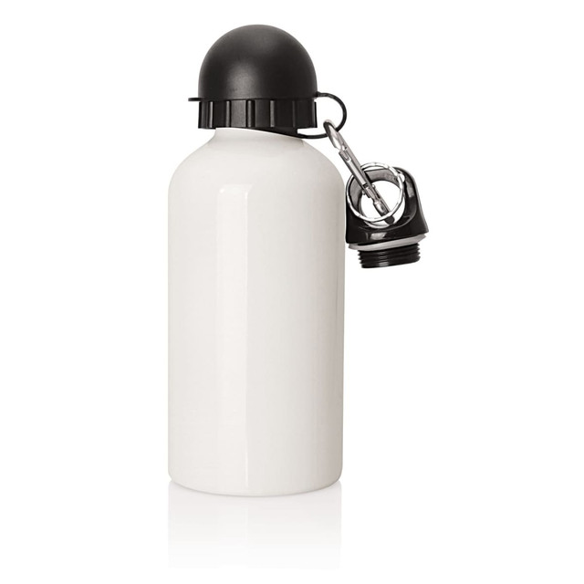 A drink bottle in white with a black screw cap and a silver keychain attachment. Features a logo.