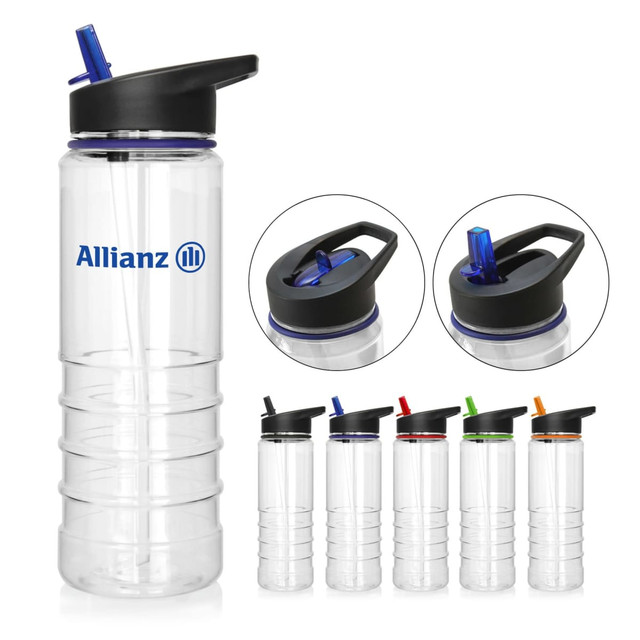 A drink bottle made of clear Tritan, featuring a black cap and various coloured accents, with a logo visible.