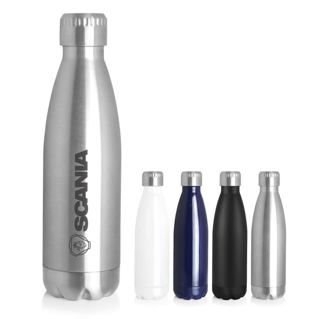 A drink bottle collection featuring stainless steel in silver, black, navy, and white, with a logo on one bottle.