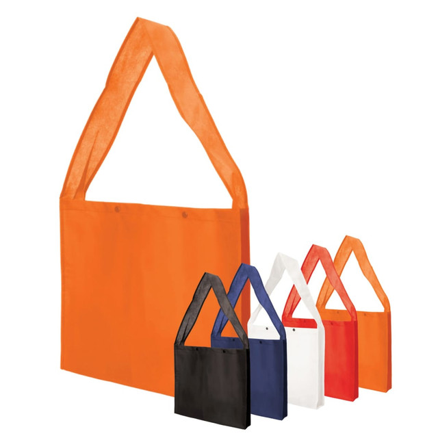 A selection of non-woven sling bags in orange, black, blue, white, and red, featuring press studs and gussets.