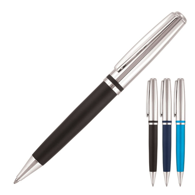 A ballpoint pen in matte black with silver accents, alongside three other pens in blue, navy, and turquoise.