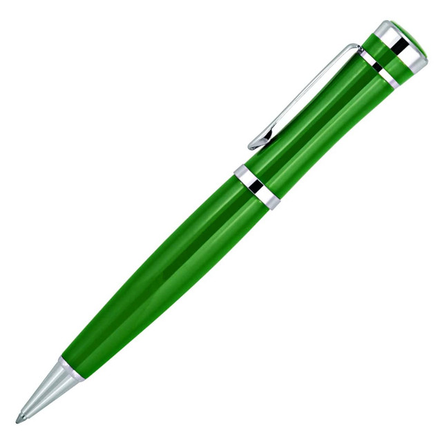 A green metal ballpoint pen with silver accents and a clip, featuring a sleek executive design.