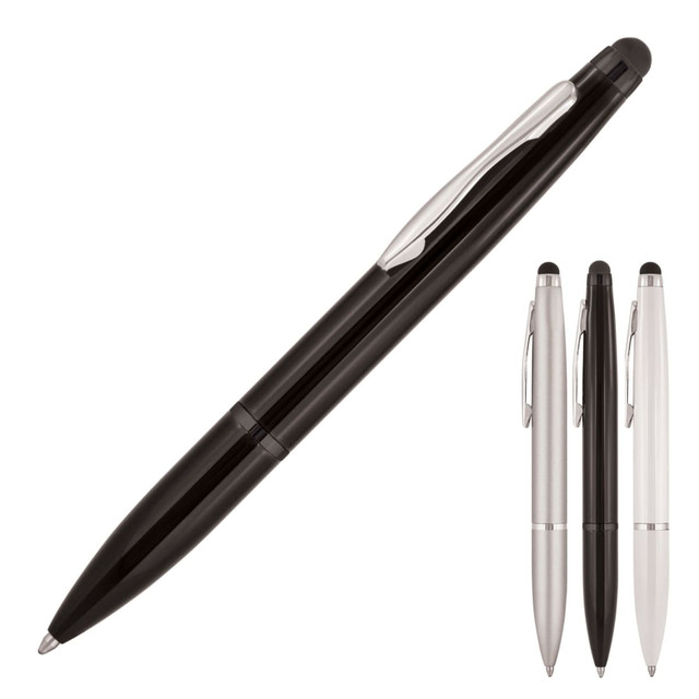 A metal ballpoint pen stylus in black, with silver accents, alongside variants in silver and white, featuring branding.