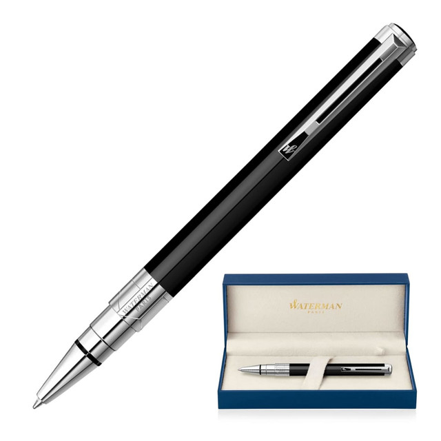 A black ballpoint pen with a shiny metal clip, presented in a grey and blue box featuring branding.