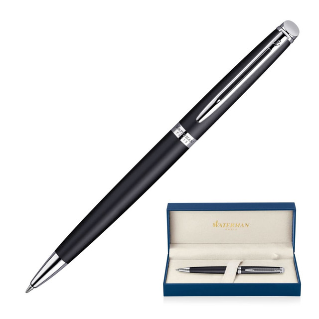 A matte black ballpoint pen with chrome accents, presented in a blue gift box with an interior lining.
