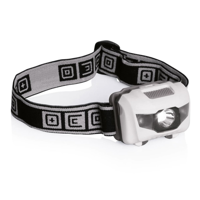 A headlamp with a white light casing and a black elastic strap featuring a geometric pattern. A headlamp with a white light casing and a black elastic strap featuring a geometric pattern.