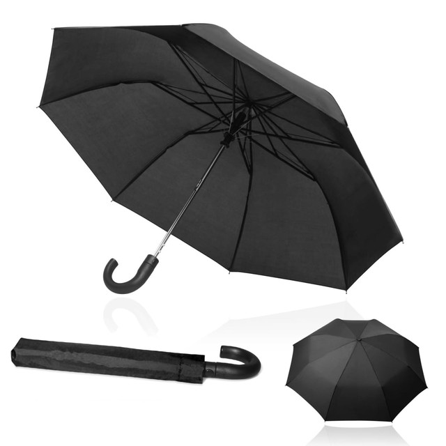 A black automatic umbrella with a curved handle, shown both open and folded. It features a logo on the handle.
