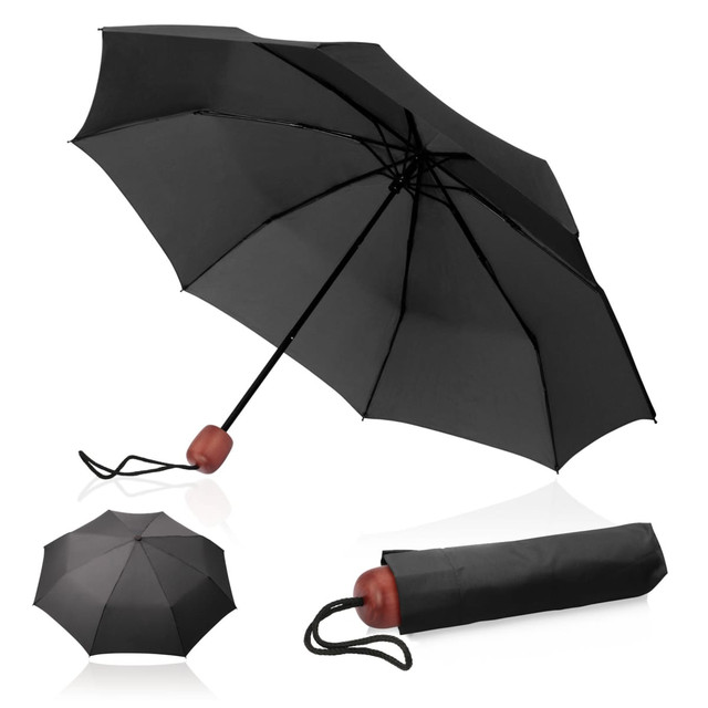 A black 91cm umbrella with a rounded wooden handle, displayed both open and closed, featuring a logo.