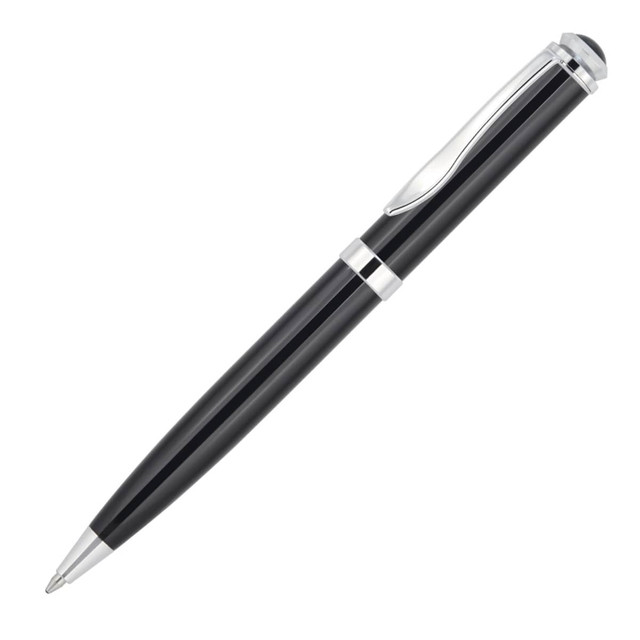 A sleek black ballpoint pen with silver accents and a clip, featuring a logo on the barrel.