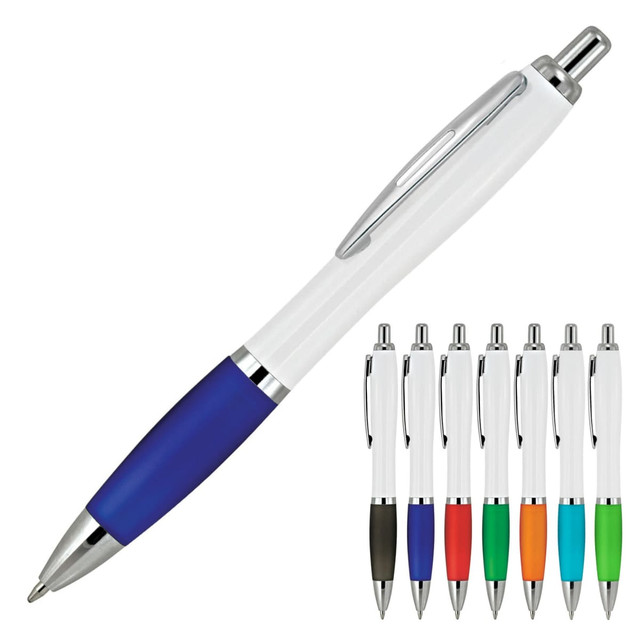 A plastic ballpoint pen in white with a blue grip, displayed alongside a range of other coloured pens.