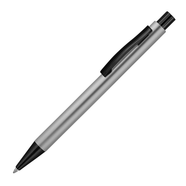 A metallic silver ballpoint pen with a black grip and clip. The pen features a branded logo.