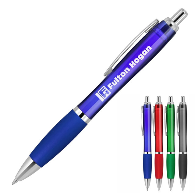 A ballpoint pen with a transparent blue barrel and silicone grip, available in green, red, black, and blue. It features a logo.