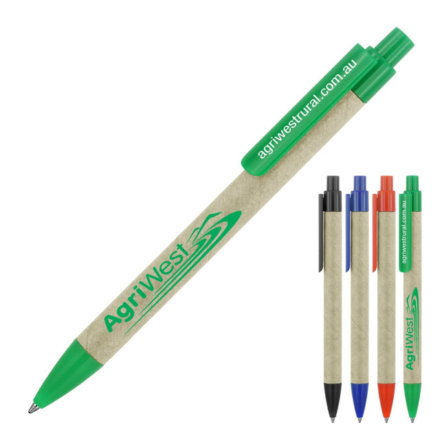 A recycled paper ballpoint pen in sage green, accompanied by a selection of pens in black, blue, red, and orange. A recycled paper ballpoint pen in sage green, accompanied by a selection of pens in black, blue, red, and orange.