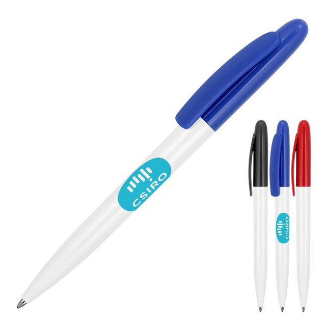 A ballpoint pen in gloss white with a blue cap, featuring a logo, alongside black and red versions.