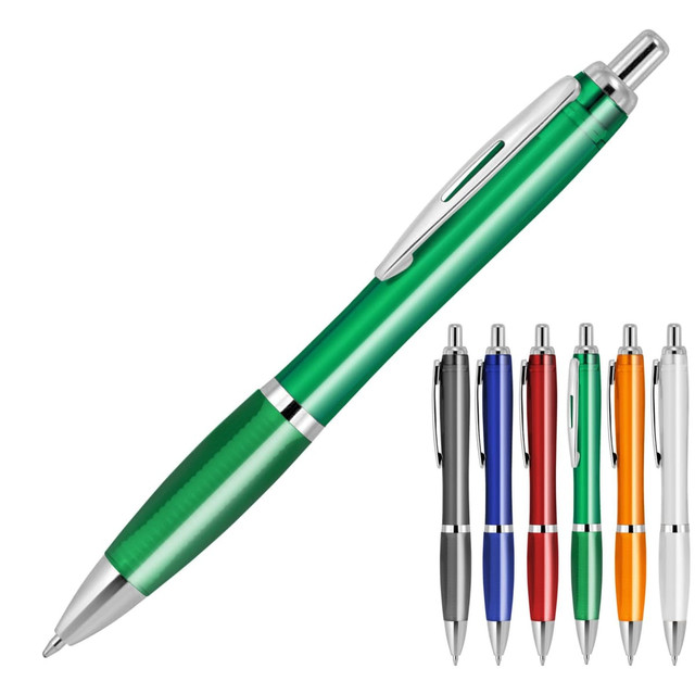 A green transparent ballpoint pen with a silver clip and six additional pens in various colours.