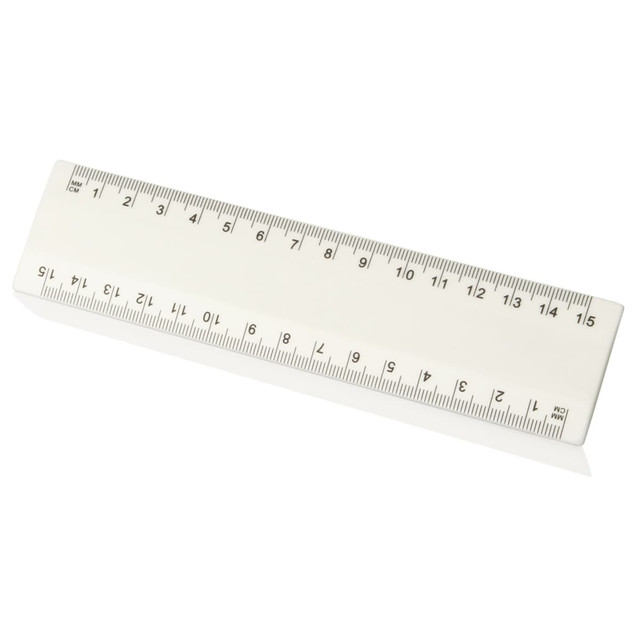 A 15cm white ruler featuring both centimetre and millimetre markings, with a logo on its surface. A 15cm white ruler featuring both centimetre and millimetre markings, with a logo on its surface.