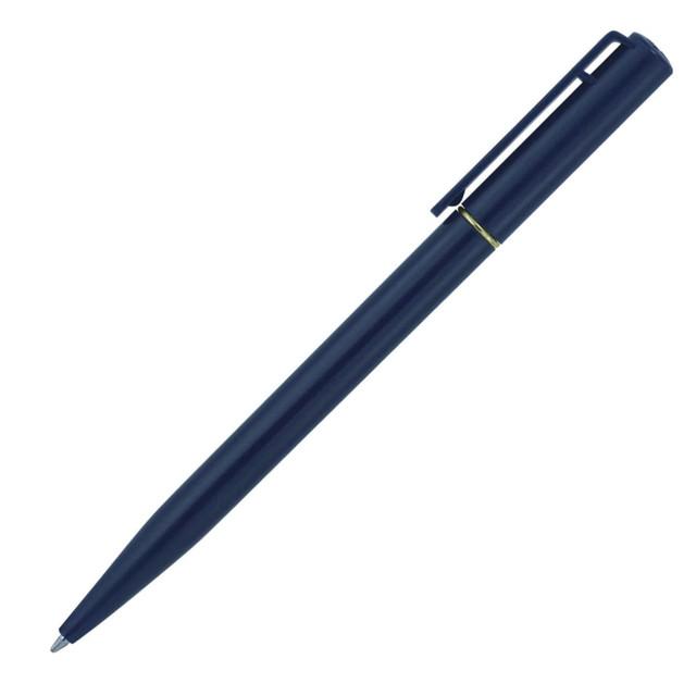 A navy blue ballpoint pen with a gold accent and a clip for attaching to notebooks or pockets.