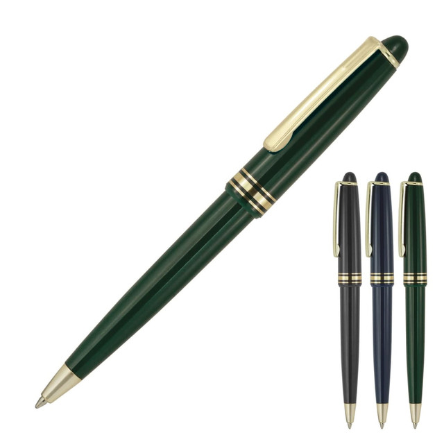 A ballpoint pen in dark green with gold accents, accompanied by two additional pens in navy and black.