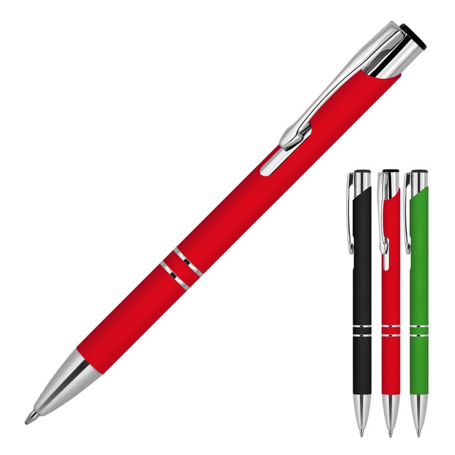 A red metal ballpoint pen with a rubber grip, complemented by black and green versions in the background.