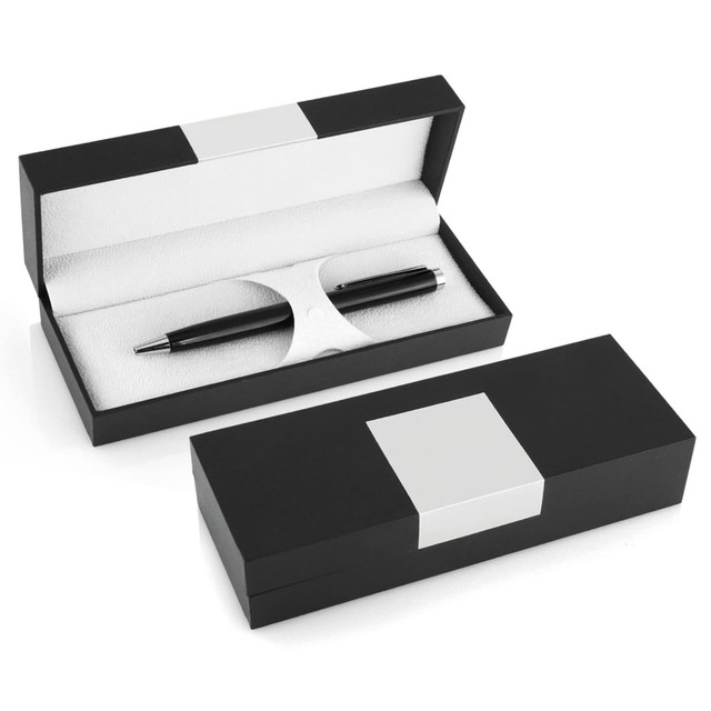 A premium black pen inside a sleek black gift box, featuring a silver accent and white interior. The box has a logo.