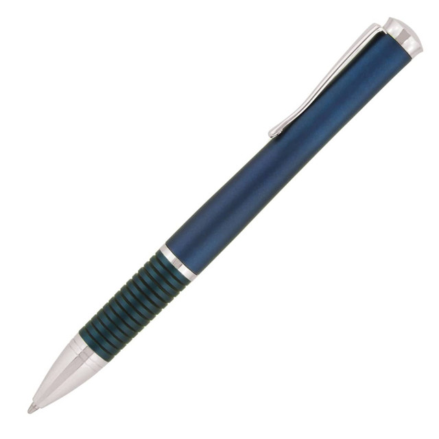 A blue metal ballpoint pen with a silver clip and textured grip. Features a logo on the side.