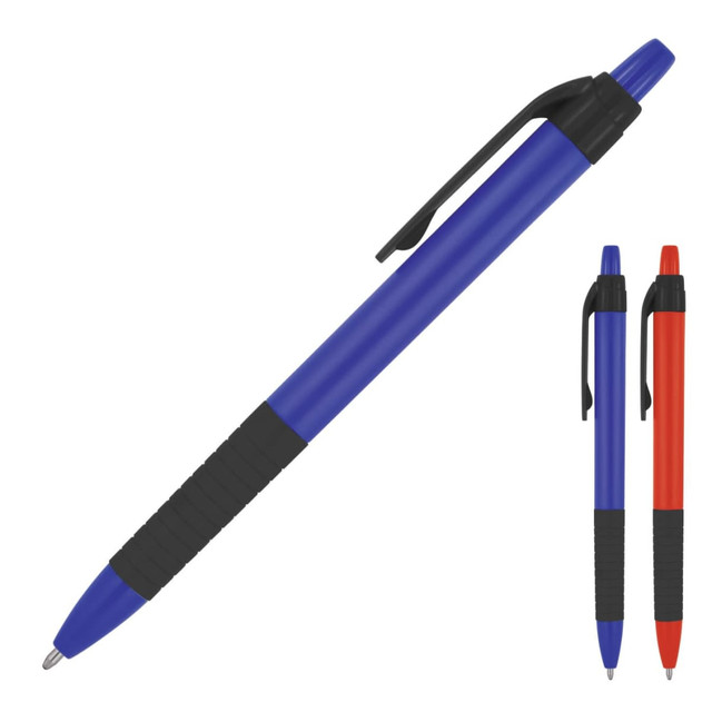 A ballpoint pen in solid blue with a black grip, alongside red and black variations. Features a logo on the side.