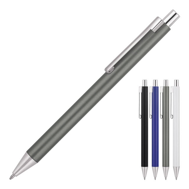 A ballpoint pen in grey with a silver clip, accompanied by pens in black, blue, and white. Features a logo.