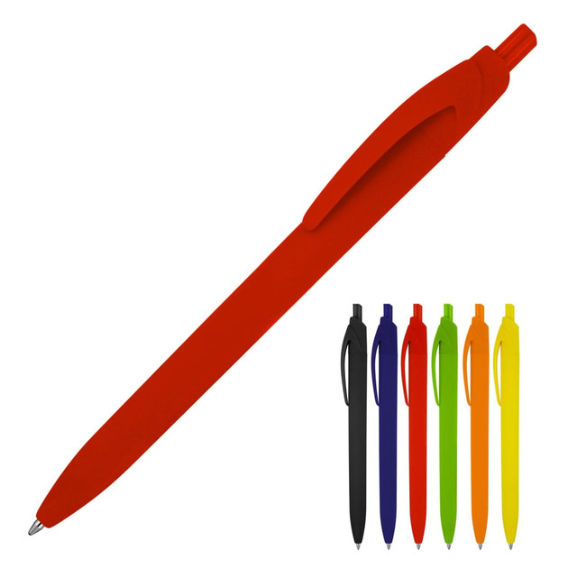 A ballpoint pen in matte rubber finish, featuring a bright red colour with additional options in black, blue, orange, green, and yellow.
