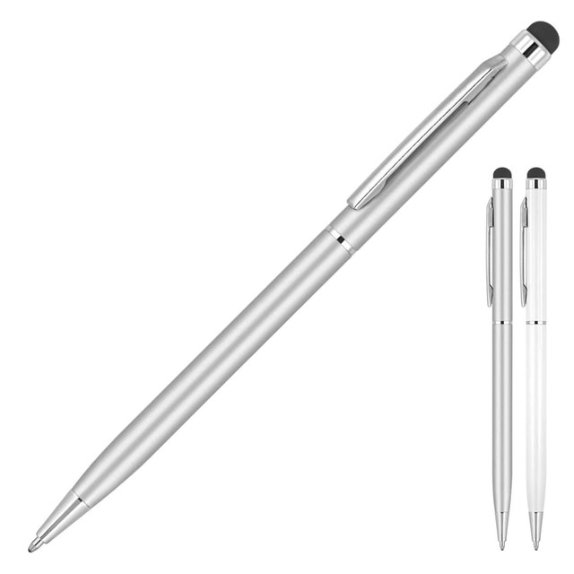 A silver metal ballpoint pen with a stylus tip, featuring a sleek design and chrome accents. It has a branding logo.