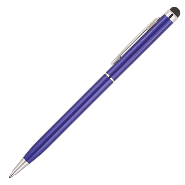 A ballpoint pen in vibrant purple with a silver clip and a stylus tip, featuring a logo.