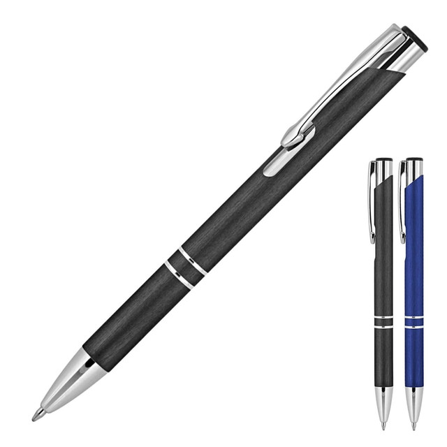 A ballpoint pen featuring a brushed black finish with chrome accents, alongside a blue version. Both have a sleek design.
