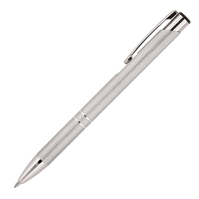 A metal ballpoint pen in a brushed silver finish with chrome accents and a clip. Features a logo on the barrel.